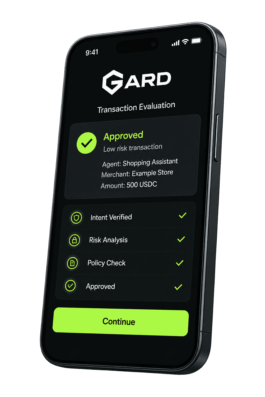 GARD mobile interface showing an approved 500 USDC transaction with intent, risk, and policy checks completed